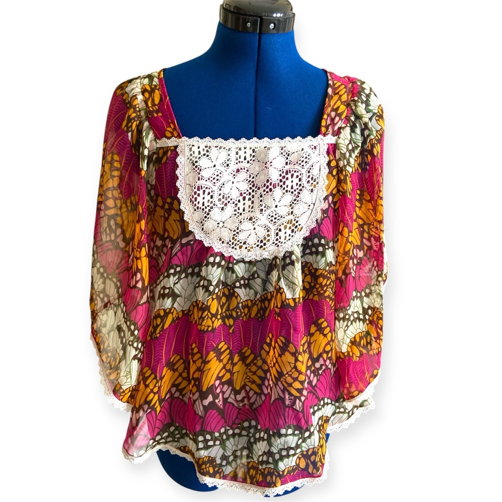Love Squared Sheer Butterfly Pattern Intricate Lace Batwing Boho Top Blouse Y2K